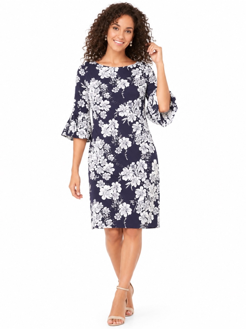 Jessica Howard Navy and White Floral Feminine Evening Midi Shift Dress